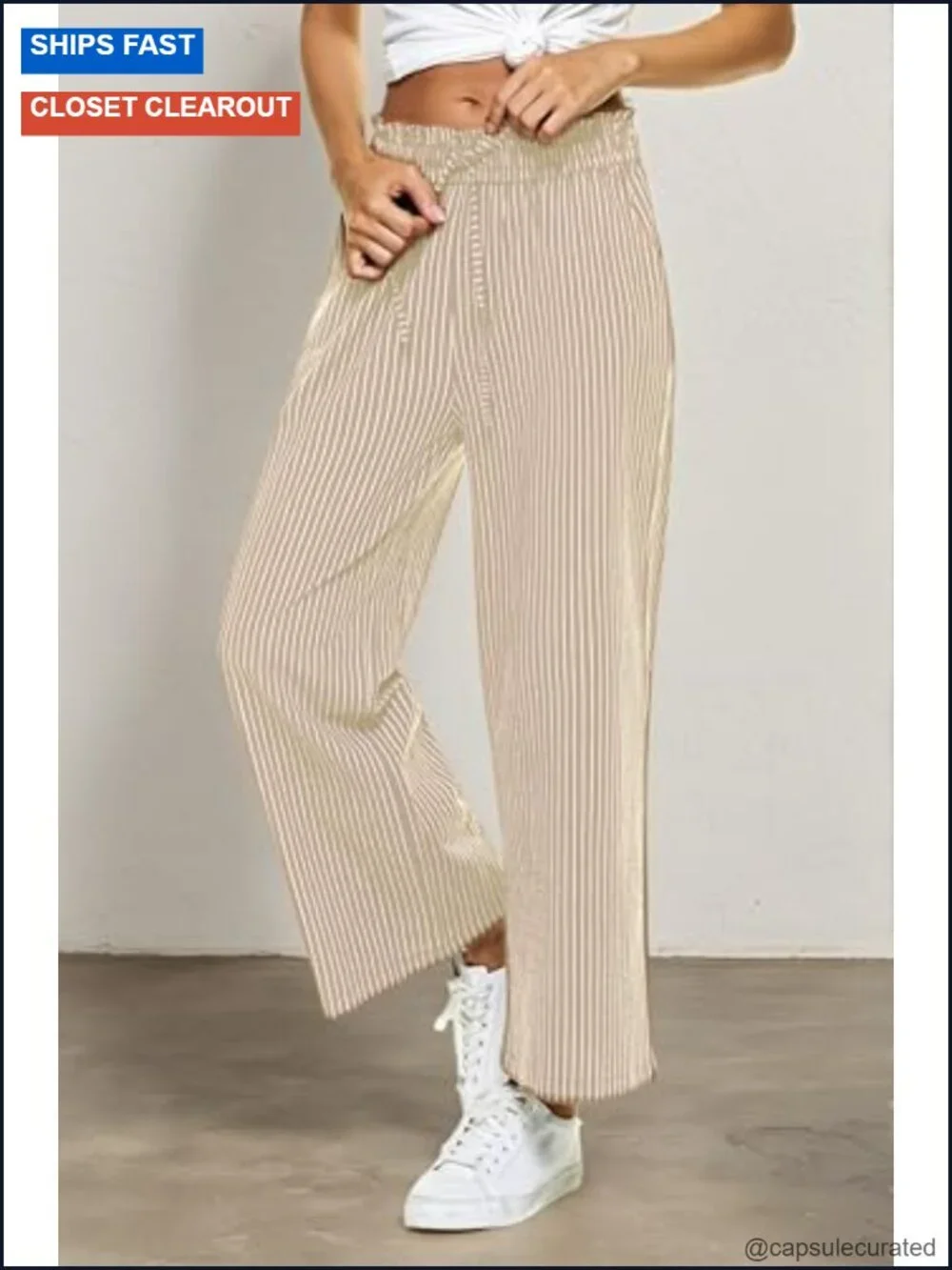 Linen Cotton Wide Leg High Waisted Drawstring Capri Pants with Pockets